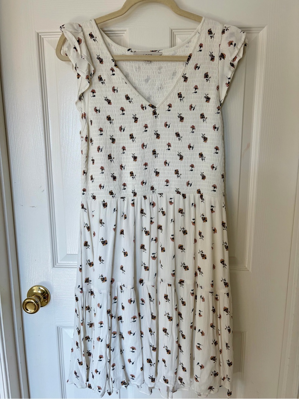 LOFT Cream Midi Dress with Small Floral Print